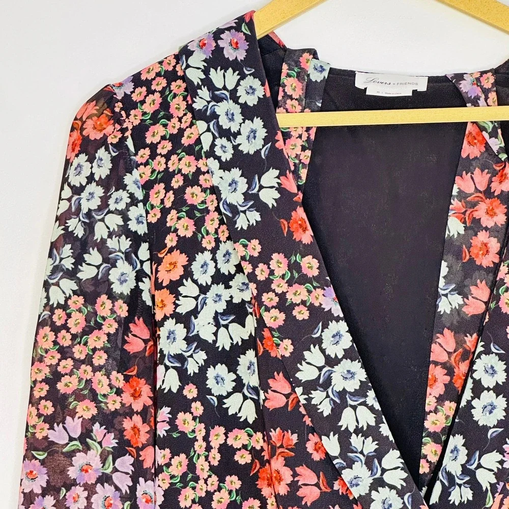 Lovers + Friends Michaela Top Women XS Black Floral Wrap V-Neck Long Sleeve